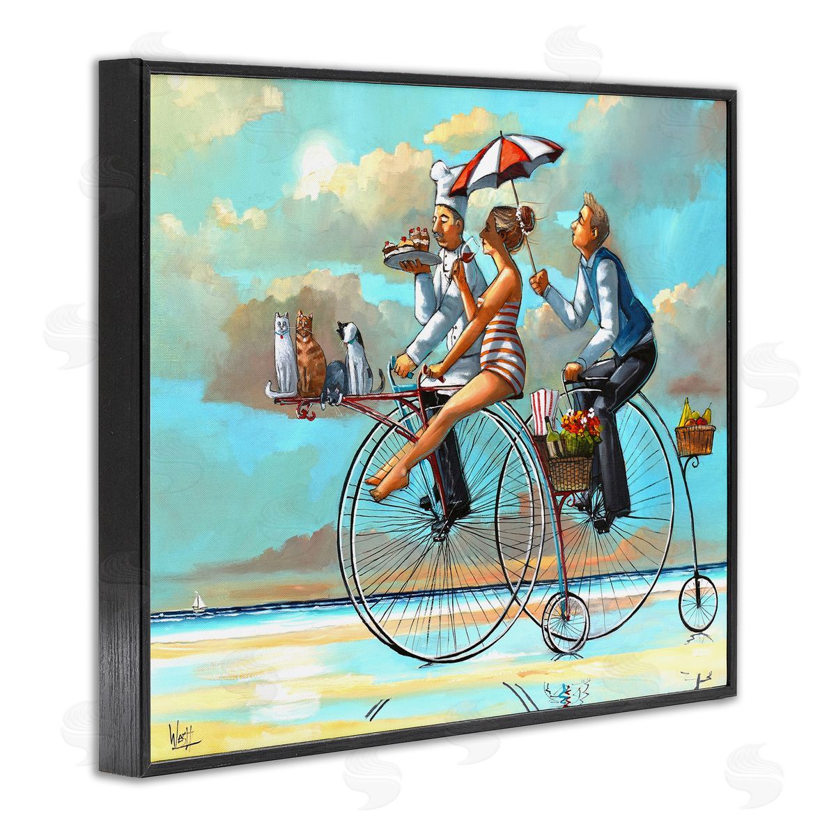 Woman & Butler Bicycle Ride Black Frame Print Wall Art, Home Decor by Ronald West