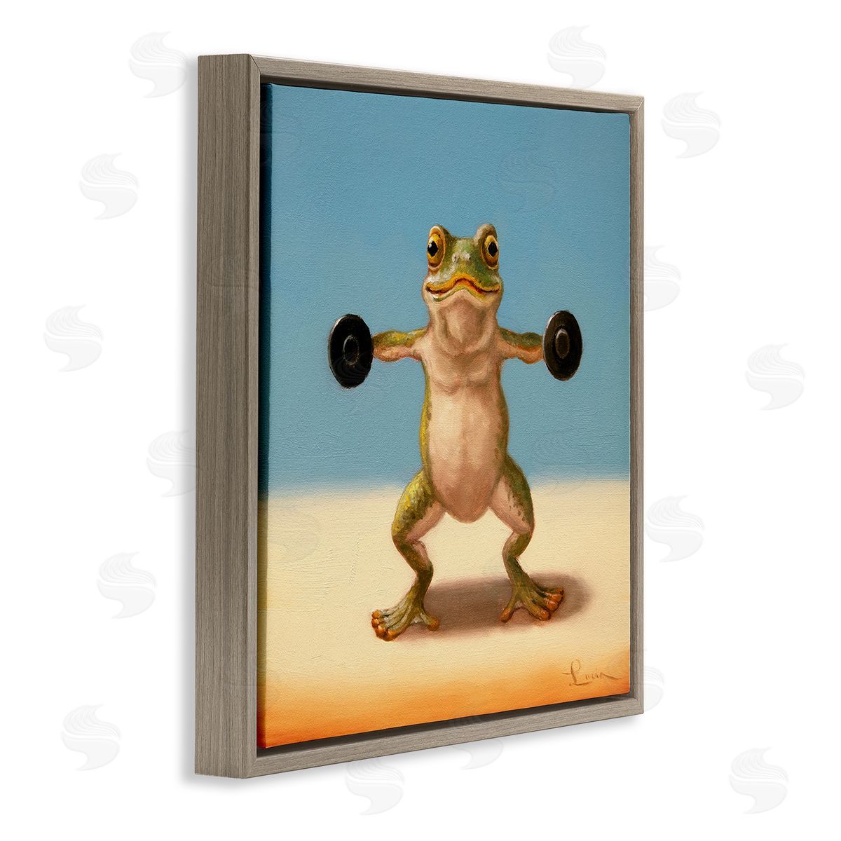Exercise Weights Frog Brown Floating Frame Canvas Wall Art, Home Decor by Lucia Heffernan