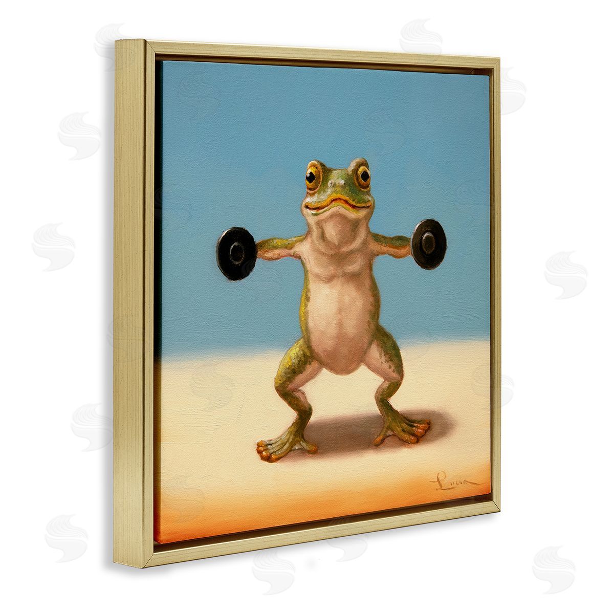 Exercise Weights Frog Gold Floating Frame Canvas Wall Art, Home Decor by Lucia Heffernan