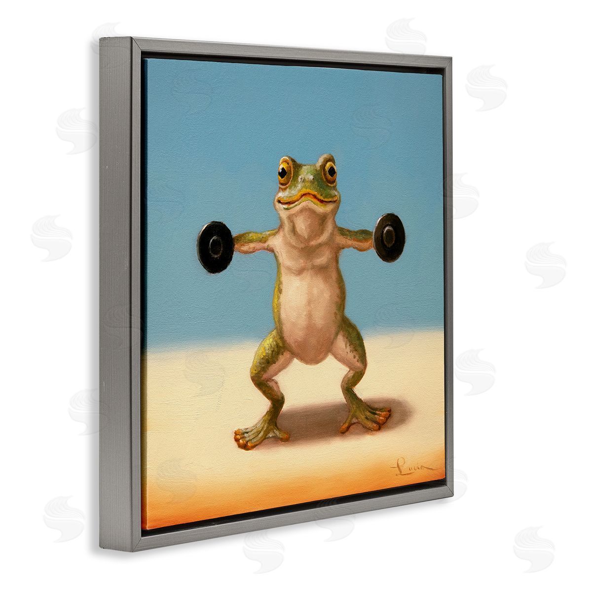 Exercise Weights Frog Grey Floating Frame Canvas Wall Art, Home Decor by Lucia Heffernan