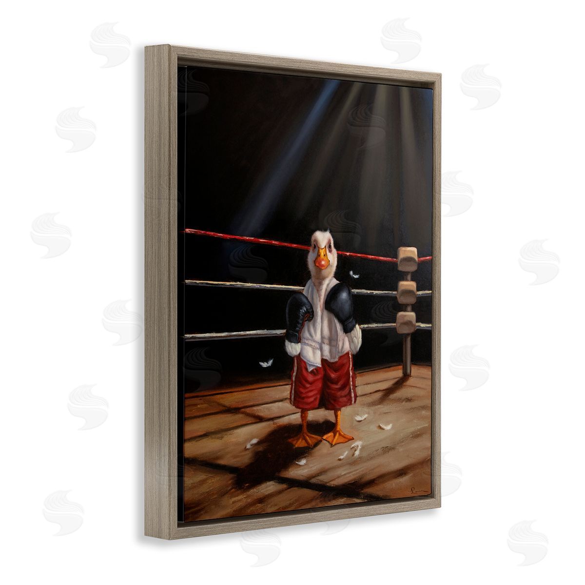 Duck in Boxing Ring Brown Floating Frame Canvas Wall Art, Home Decor by Lucia Heffernan