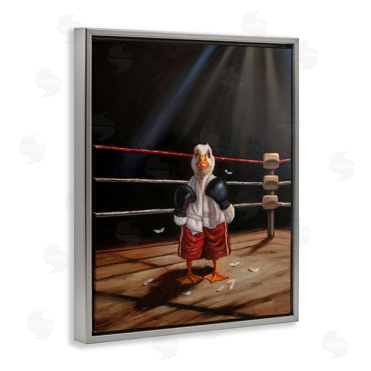 Duck in Boxing Ring Grey Floating Frame Canvas Wall Art, Home Decor by Lucia Heffernan