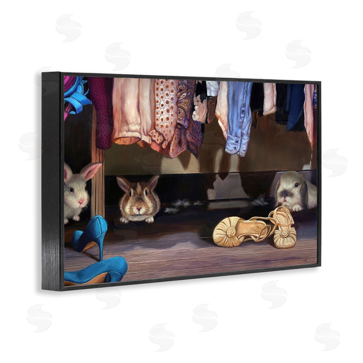 Bunnies Under Closet View Black Frame Print Wall Art, Home Decor by Lucia Heffernan