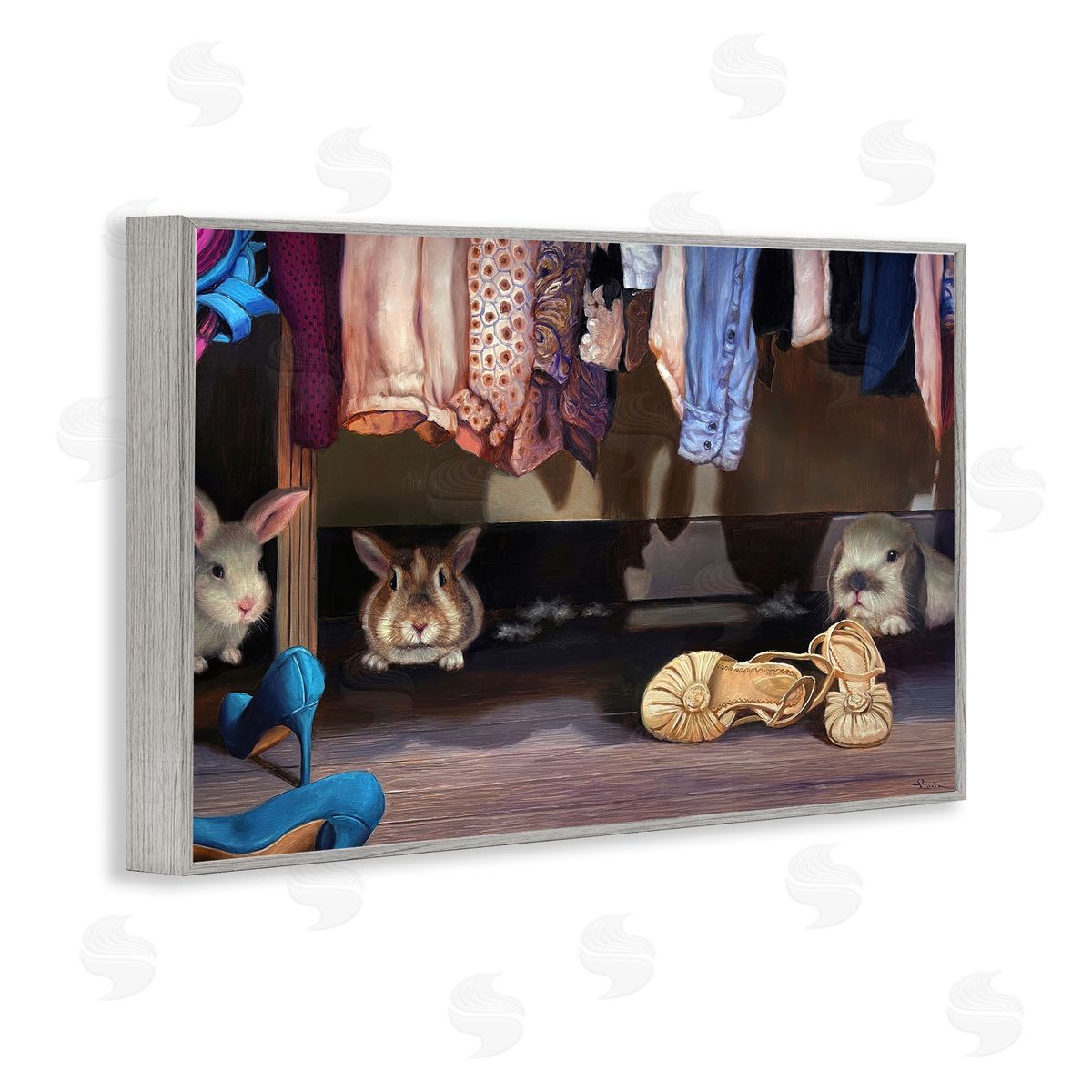 Bunnies Under Closet View Grey Frame Print Wall Art, Home Decor by Lucia Heffernan