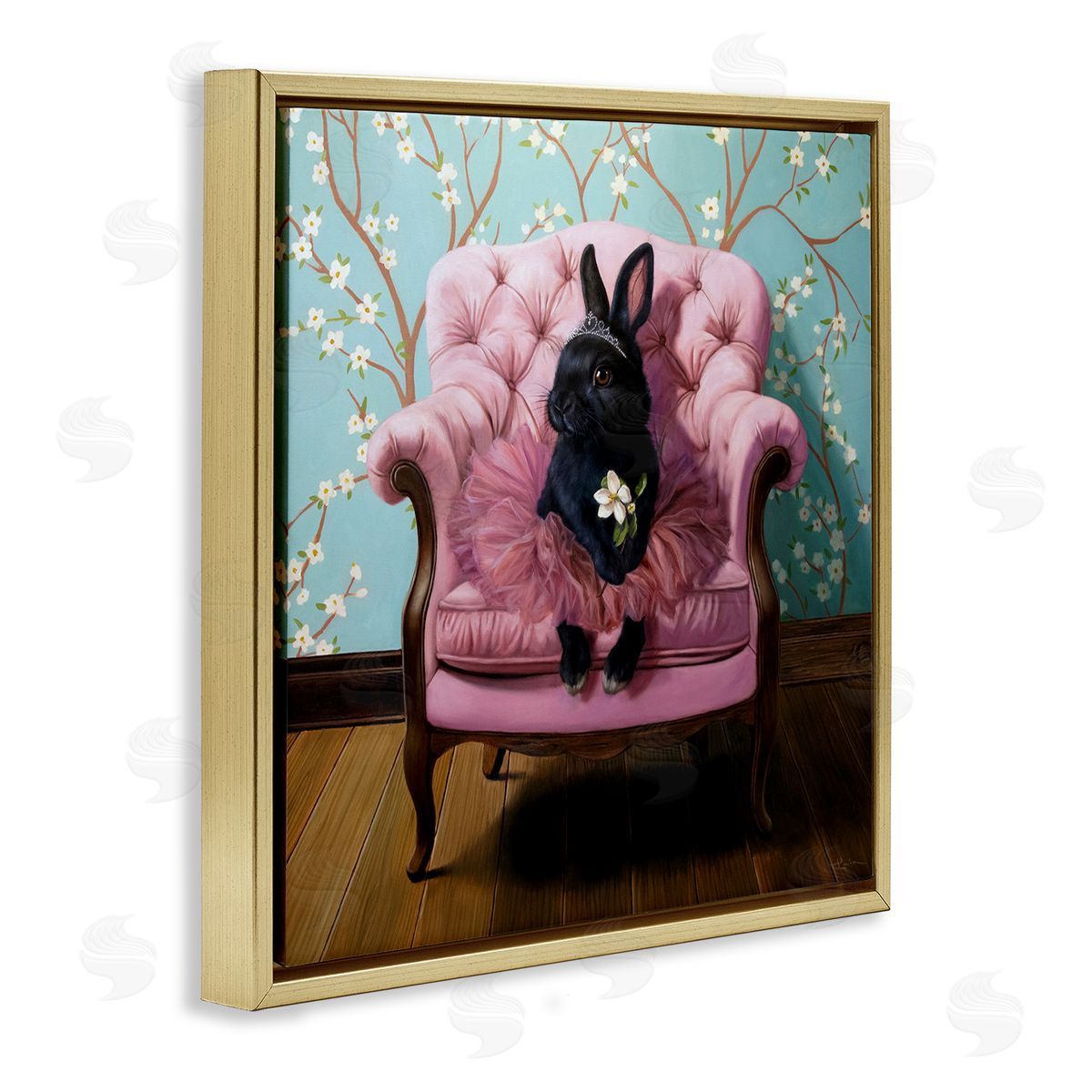 Girlie Rabbit in Tutu Gold Floating Frame Canvas Wall Art, Home Decor by Lucia Heffernan