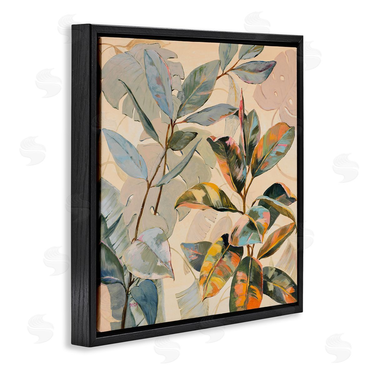 Tropical Leaves Warm Tones Black Floating Frame Canvas Wall Art, Home Decor by Dusza
