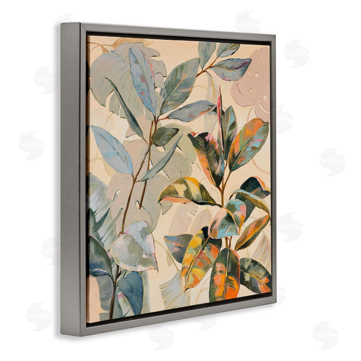 Tropical Leaves Warm Tones Grey Floating Frame Canvas Wall Art, Home Decor by Dusza