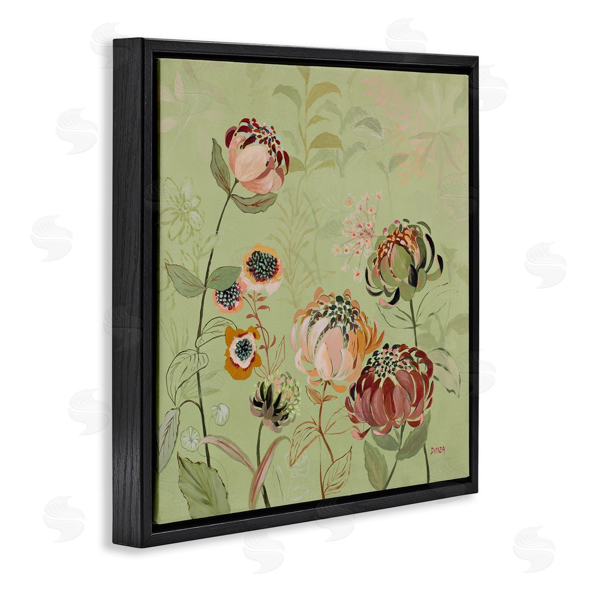 Curled Chrysanthemums on Green Black Floating Frame Canvas Wall Art, Home Decor by Dusza