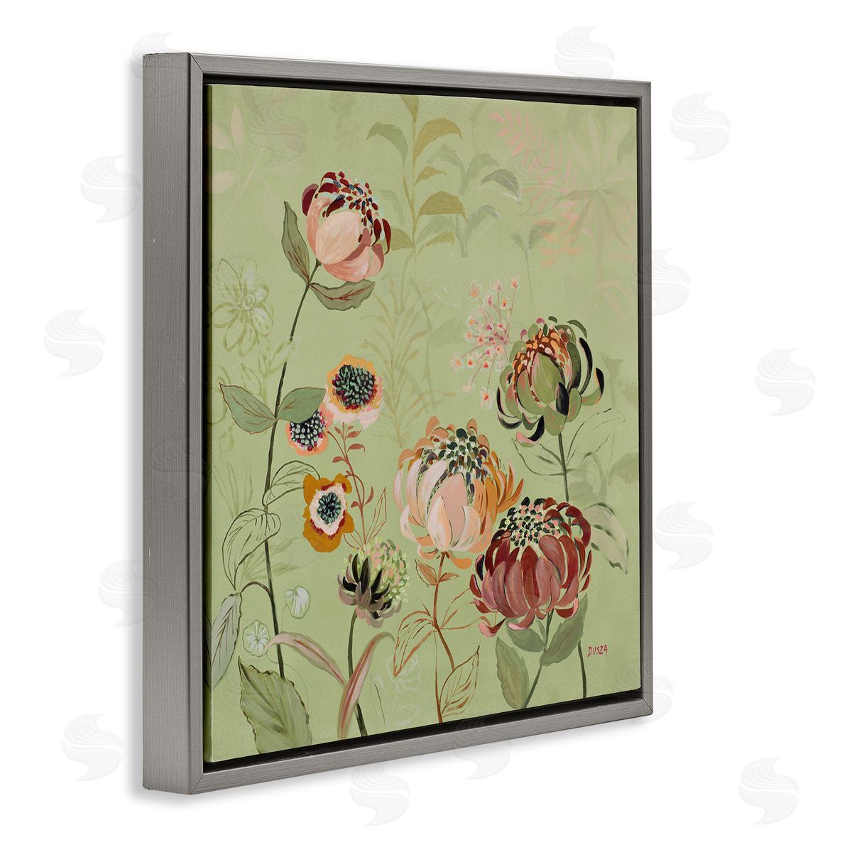 Curled Chrysanthemums on Green Grey Floating Frame Canvas Wall Art, Home Decor by Dusza