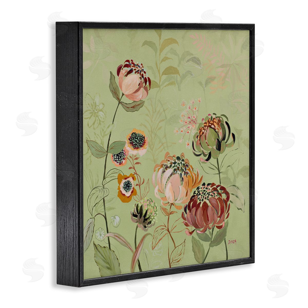 Curled Chrysanthemums on Green Black Frame Print Wall Art, Home Decor by Dusza