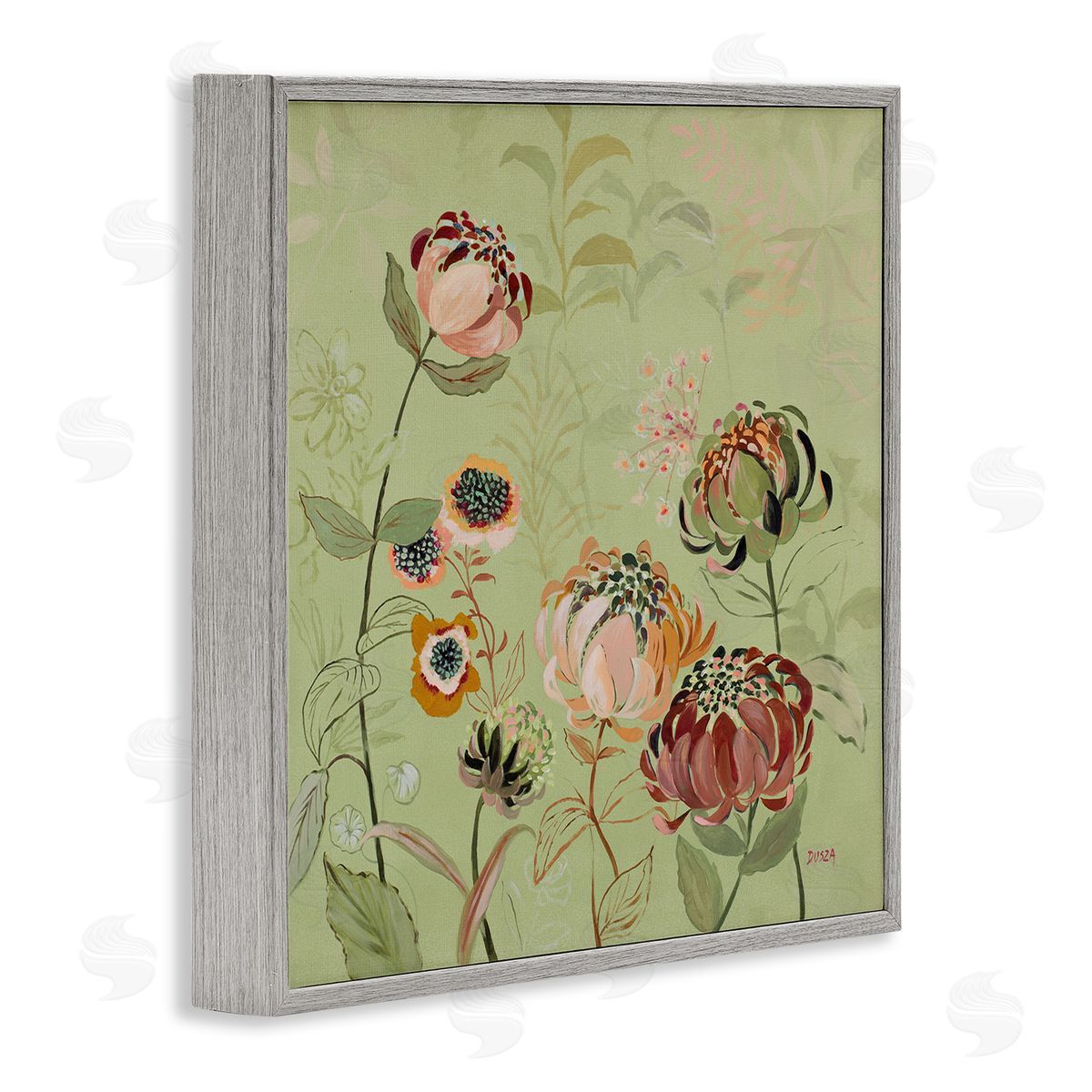 Curled Chrysanthemums on Green Grey Frame Print Wall Art, Home Decor by Dusza