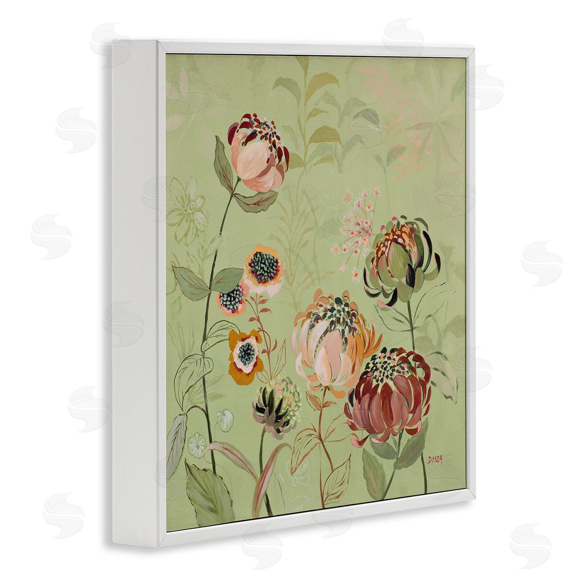 Curled Chrysanthemums on Green White Frame Print Wall Art, Home Decor by Dusza