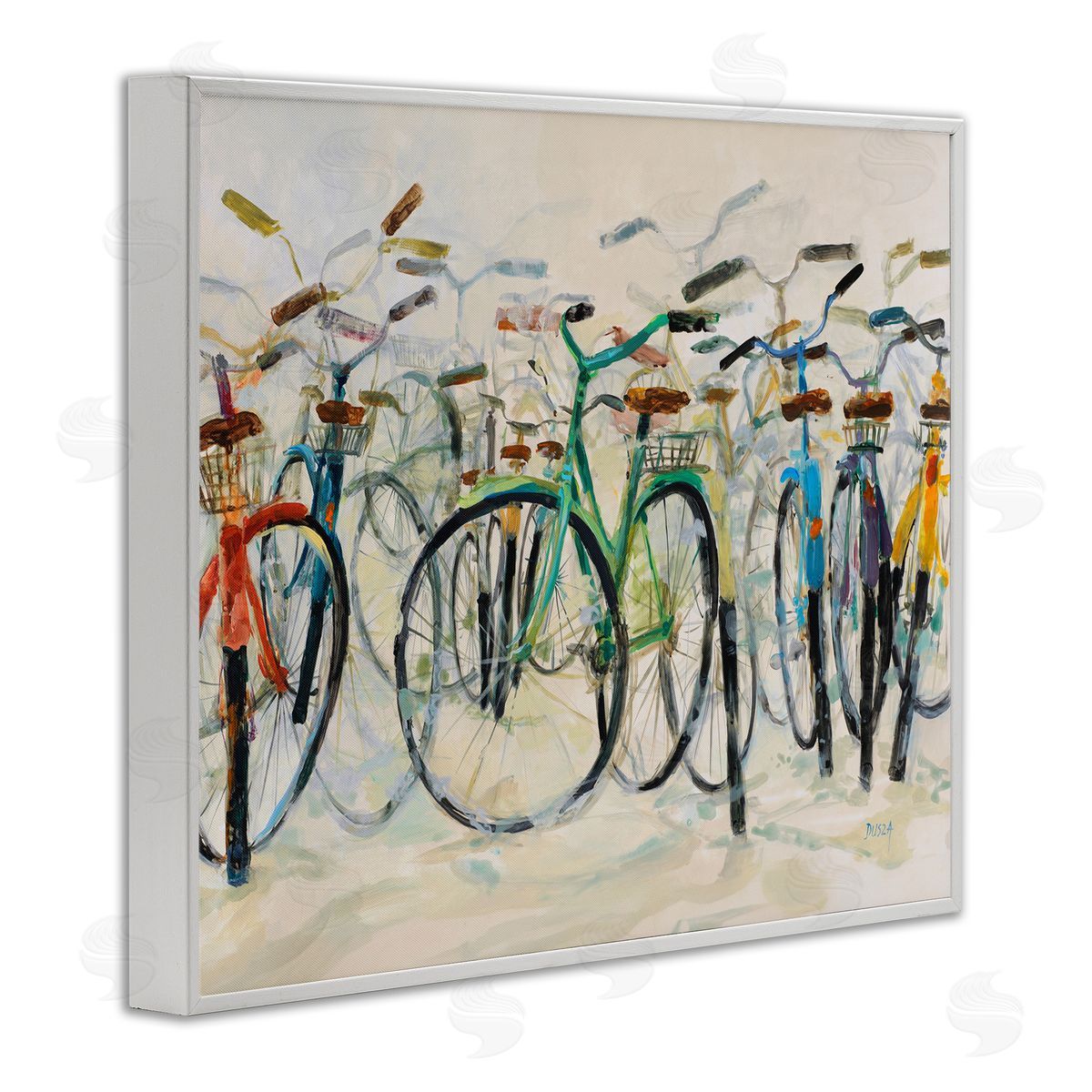 Group of Bicycles White Frame Print Wall Art, Home Decor by Dusza