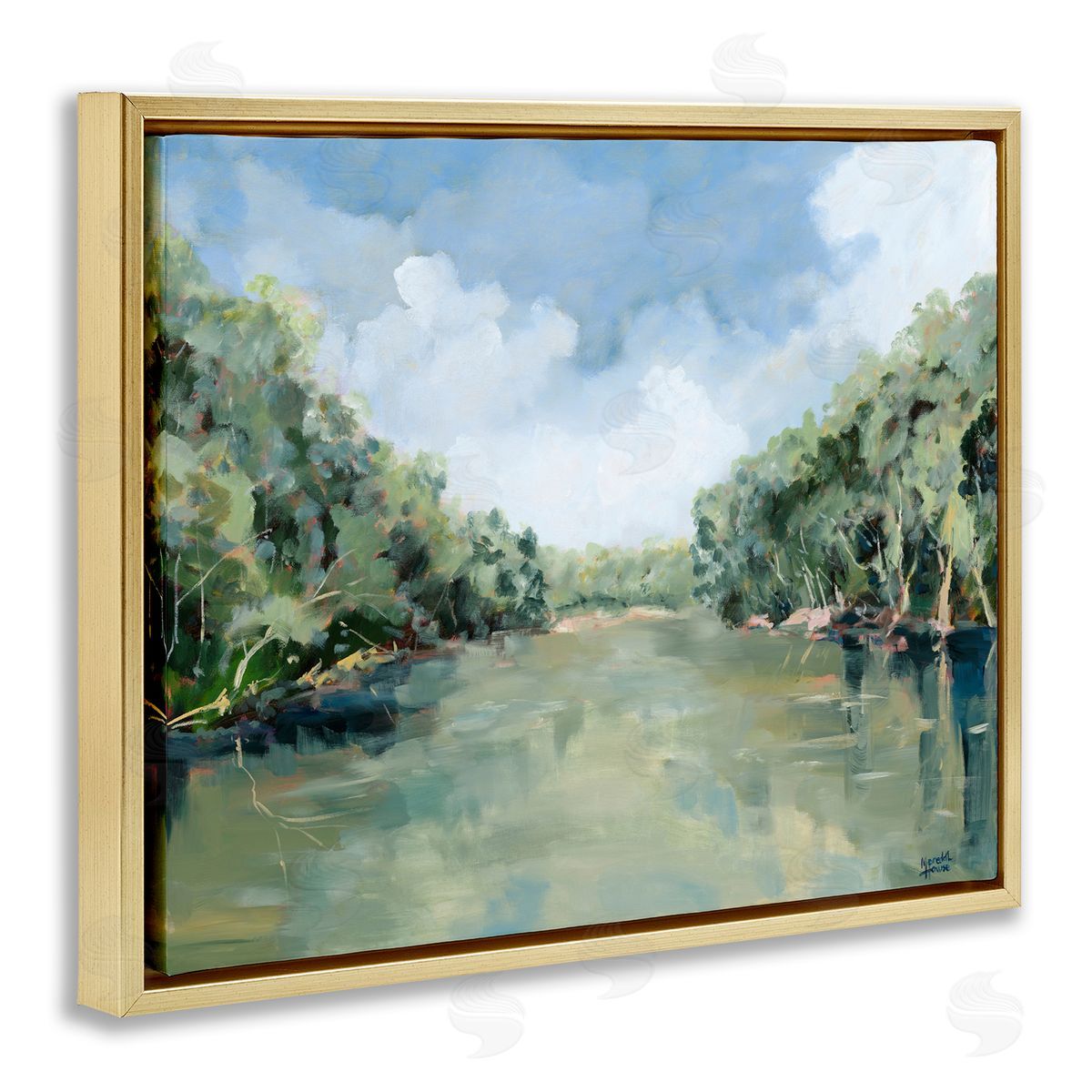 Serene Reflective Nature Gold Floating Frame Canvas Wall Art, Home Decor by Meredith Howse