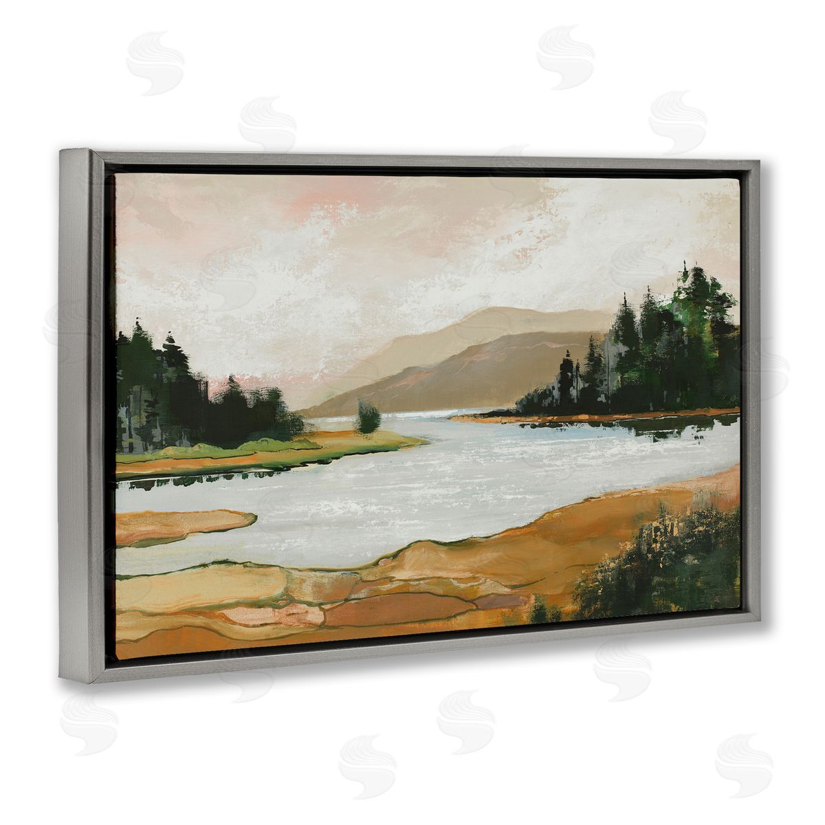 Relaxing Valley Lake Grey Floating Frame Canvas Wall Art, Home Decor by Max Maxx