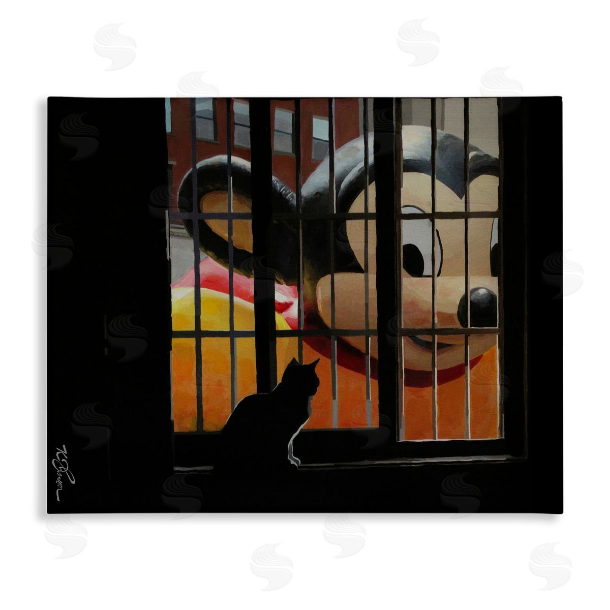Mouse Character Peering at Cat Canvas Wall Art, Home Decor by Keith Thomson