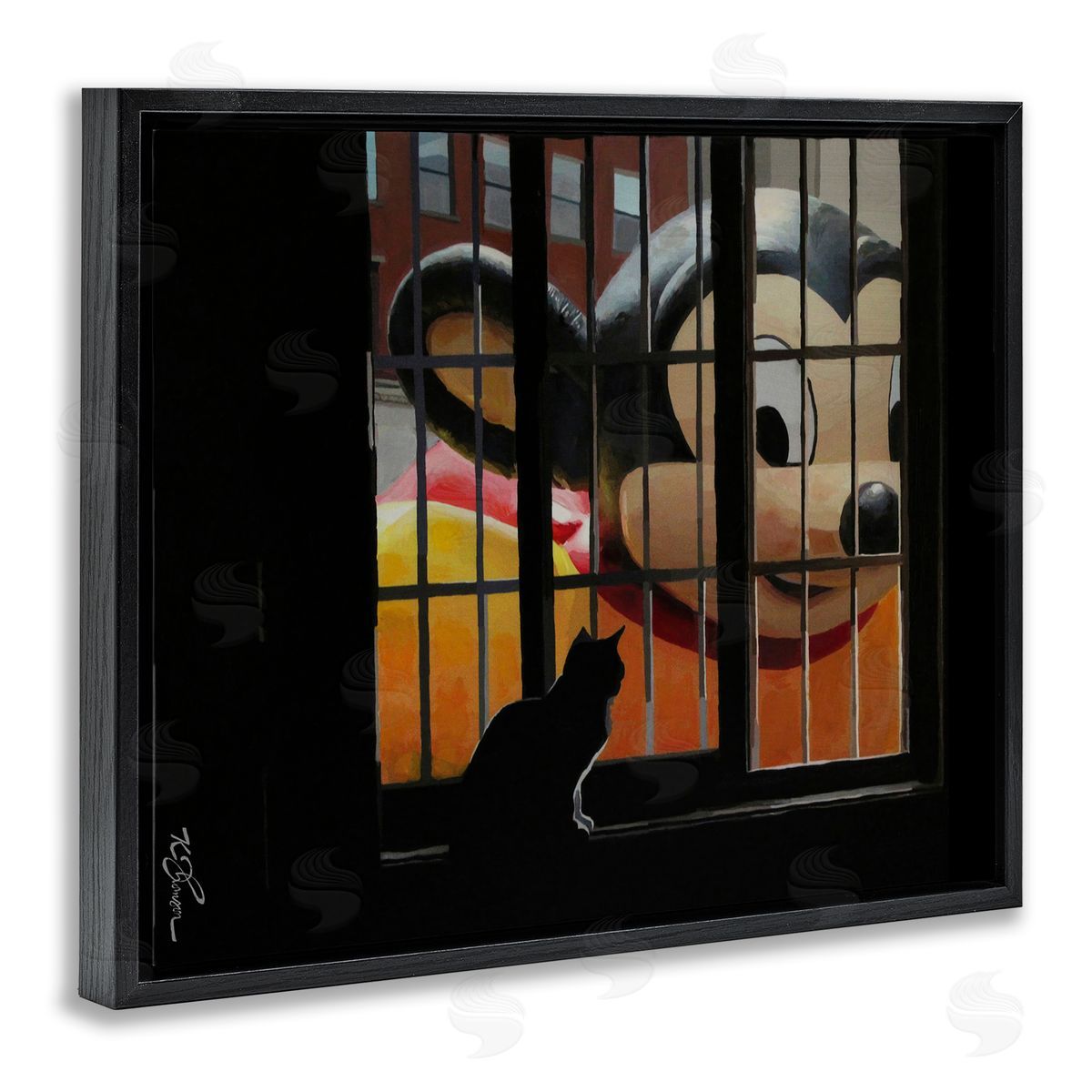Mouse Character Peering at Cat Black Floating Frame Canvas Wall Art, Home Decor by Keith Thomson