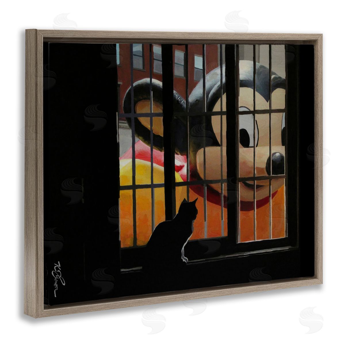 Mouse Character Peering at Cat Brown Floating Frame Canvas Wall Art, Home Decor by Keith Thomson