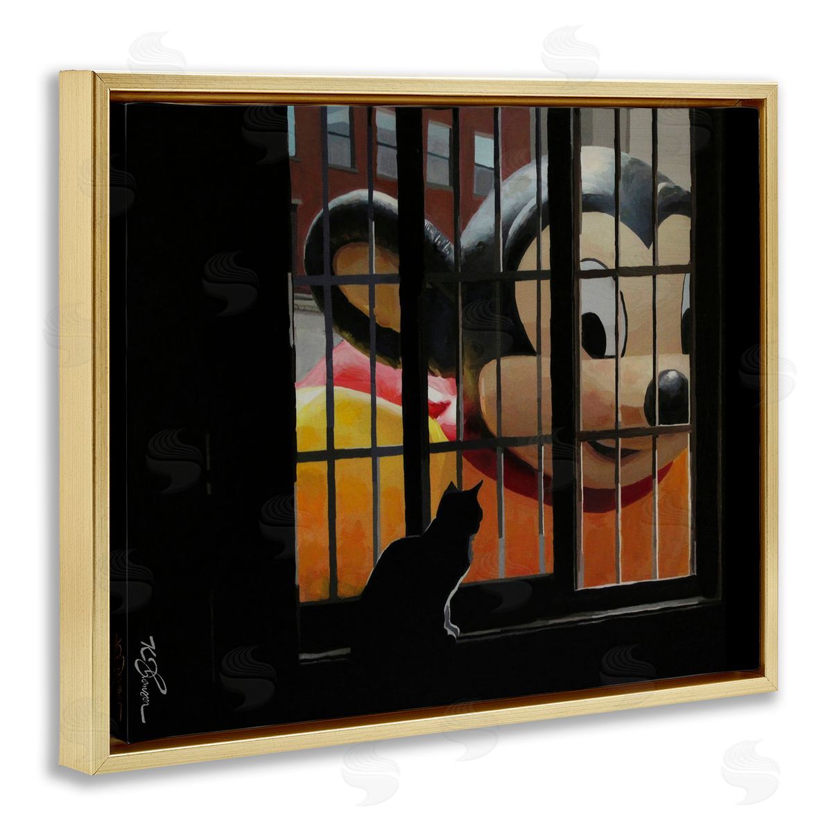 Mouse Character Peering at Cat Gold Floating Frame Canvas Wall Art, Home Decor by Keith Thomson