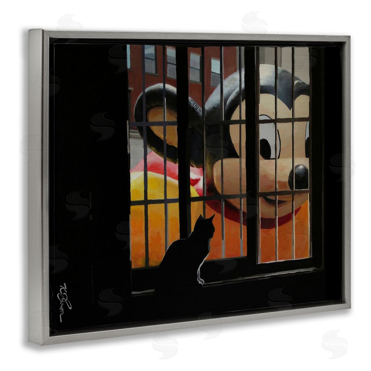 Mouse Character Peering at Cat Grey Floating Frame Canvas Wall Art, Home Decor by Keith Thomson