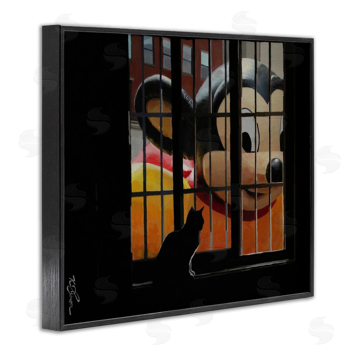 Mouse Character Peering at Cat Black Frame Print Wall Art, Home Decor by Keith Thomson