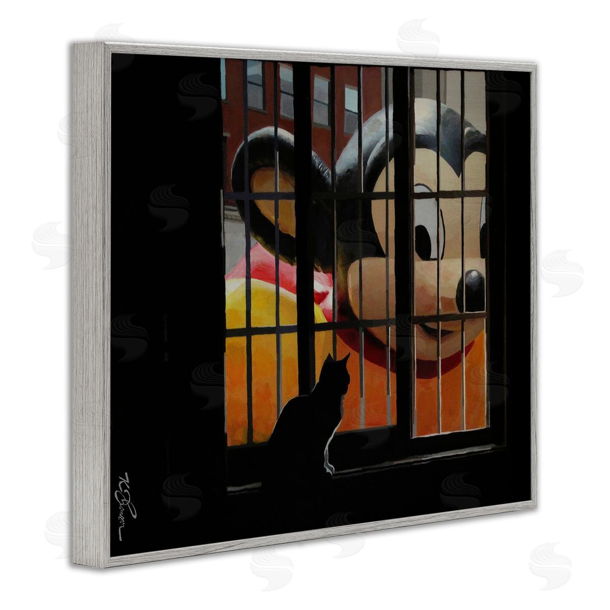 Mouse Character Peering at Cat Grey Frame Print Wall Art, Home Decor by Keith Thomson