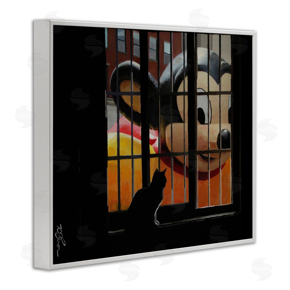 Mouse Character Peering at Cat White Frame Print Wall Art, Home Decor by Keith Thomson