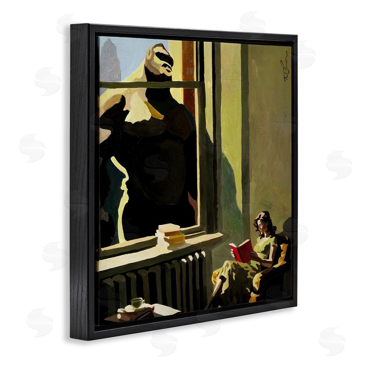 Gorilla in Window Scene Black Floating Frame Canvas Wall Art, Home Decor by Keith Thomson