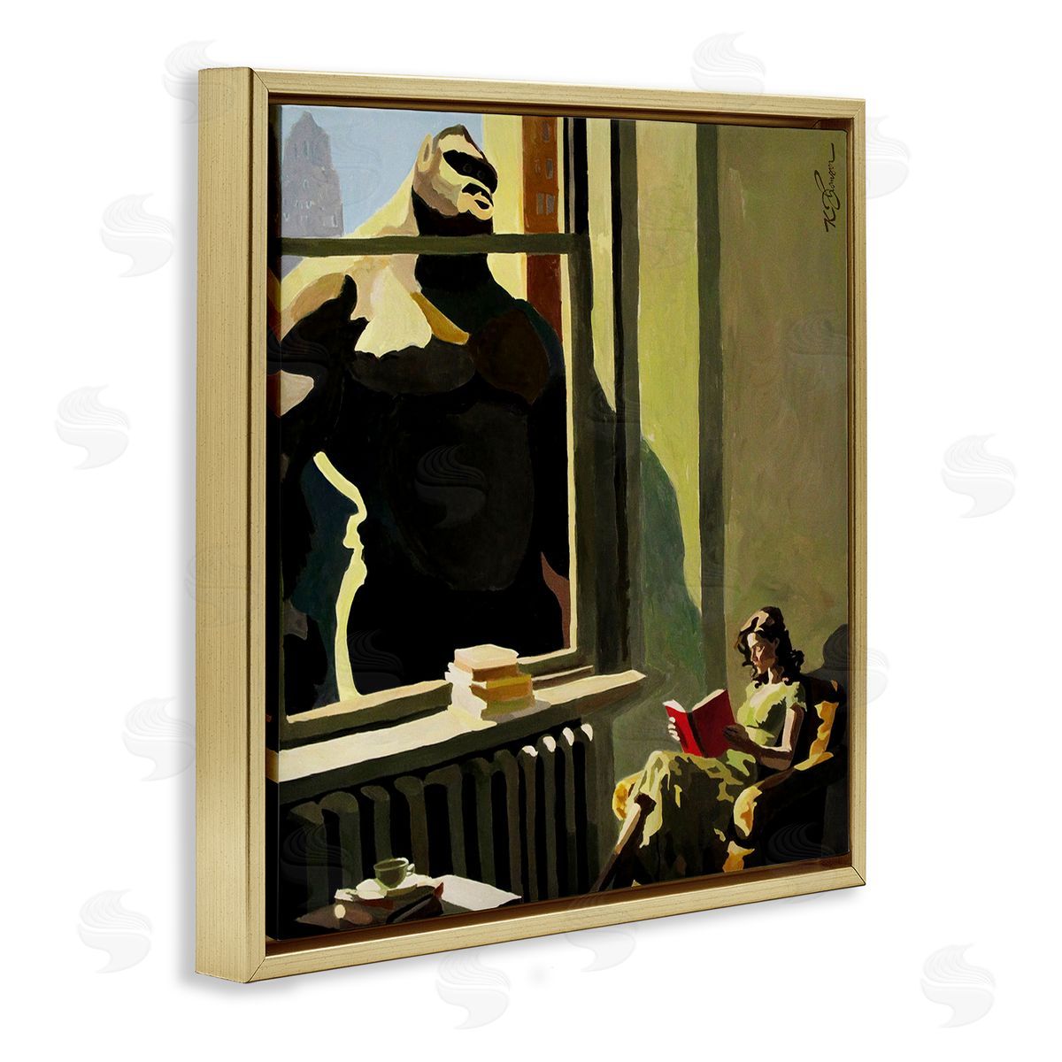 Gorilla in Window Scene Gold Floating Frame Canvas Wall Art, Home Decor by Keith Thomson