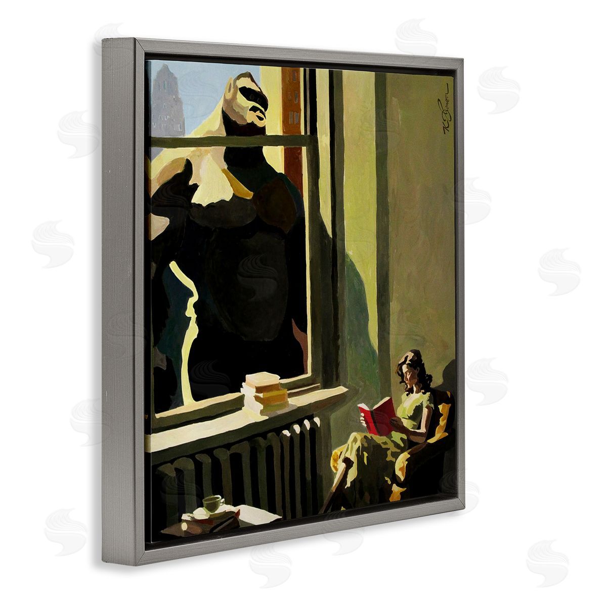 Gorilla in Window Scene Grey Floating Frame Canvas Wall Art, Home Decor by Keith Thomson