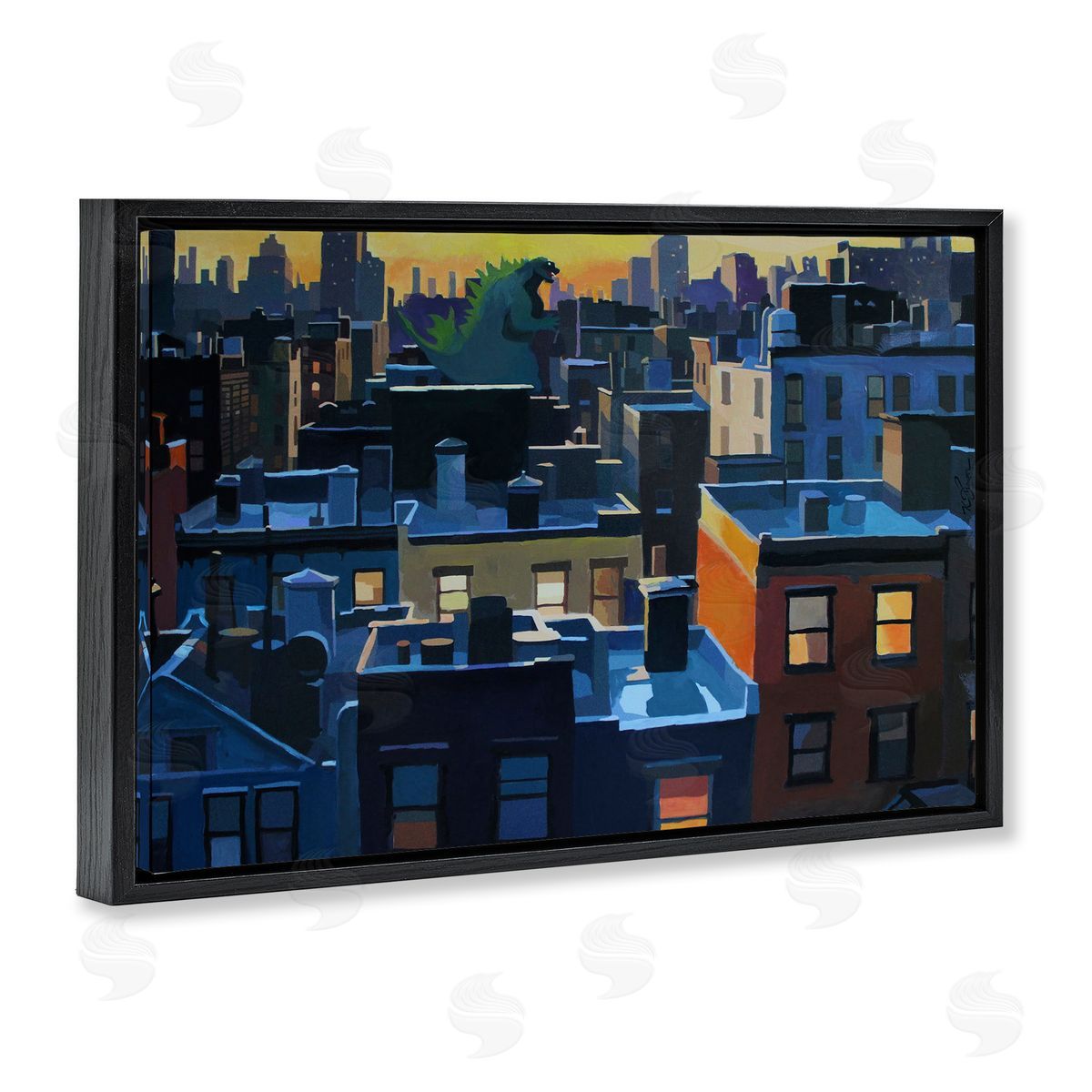 Cityscape with Distant Monster Black Floating Frame Canvas Wall Art, Home Decor by Keith Thomson