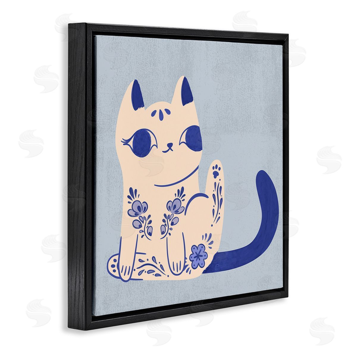 Ornate Floral Cat Black Floating Frame Canvas Wall Art, Home Decor by Carrie Cantwell