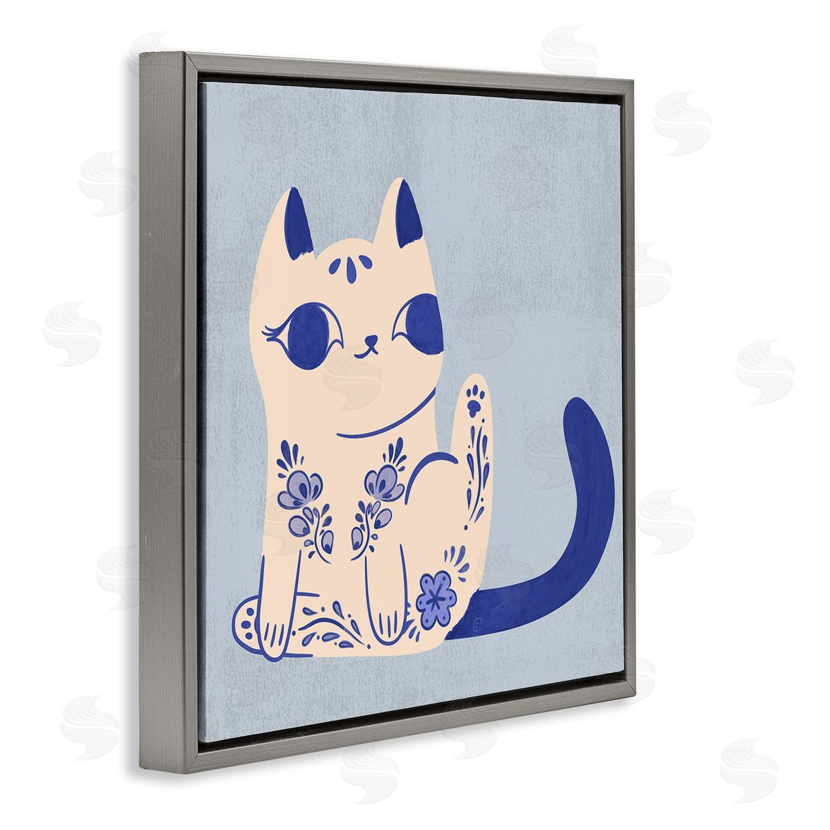 Ornate Floral Cat Grey Floating Frame Canvas Wall Art, Home Decor by Carrie Cantwell