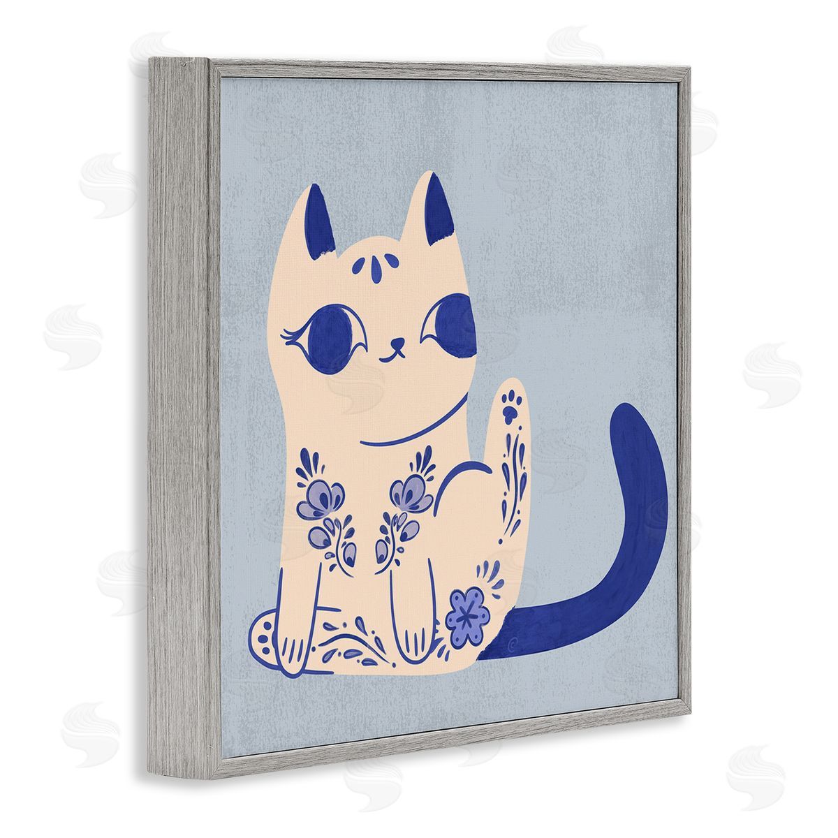 Ornate Floral Cat Grey Frame Print Wall Art, Home Decor by Carrie Cantwell