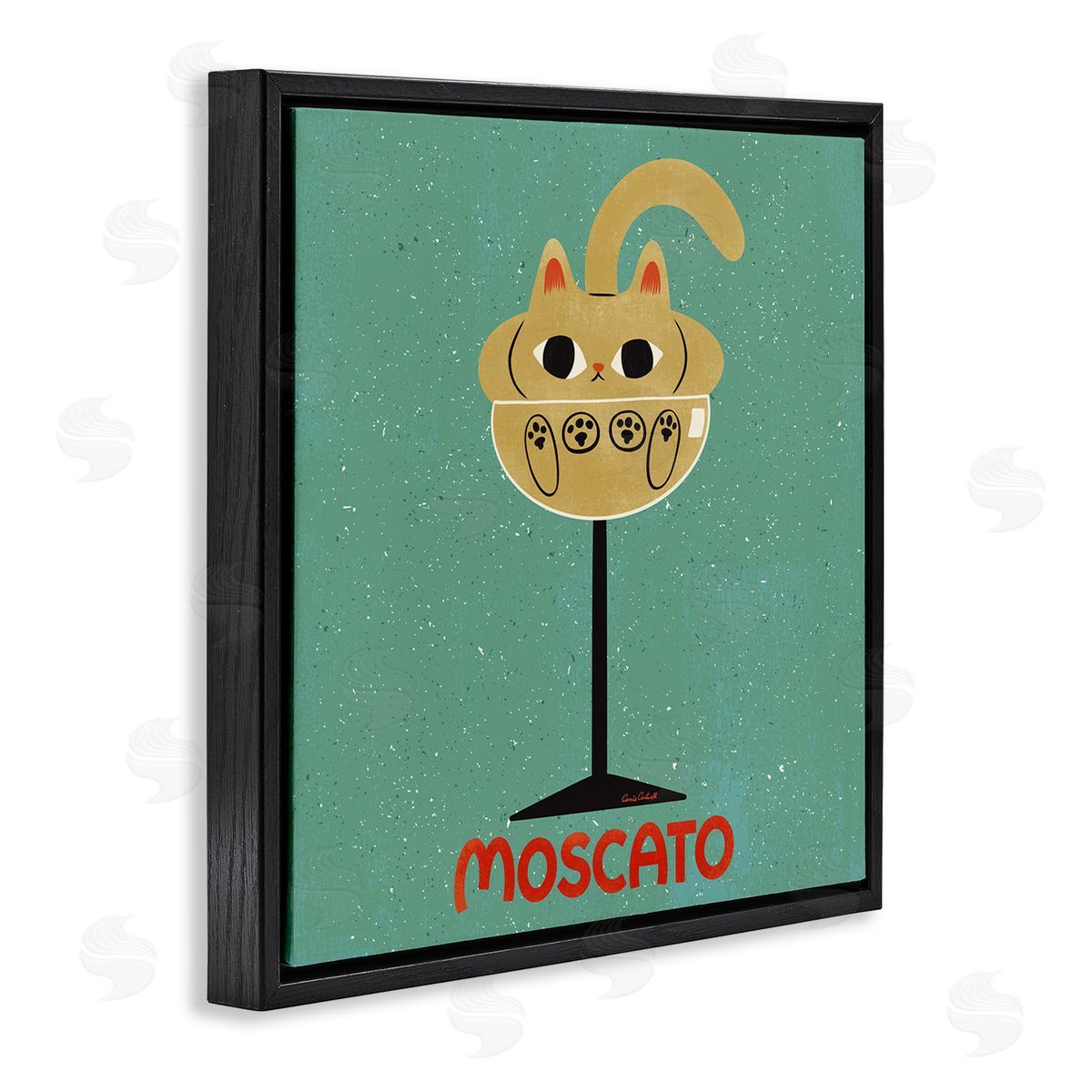 Moscato Feline Wine Black Floating Frame Canvas Wall Art, Home Decor by Carrie Cantwell