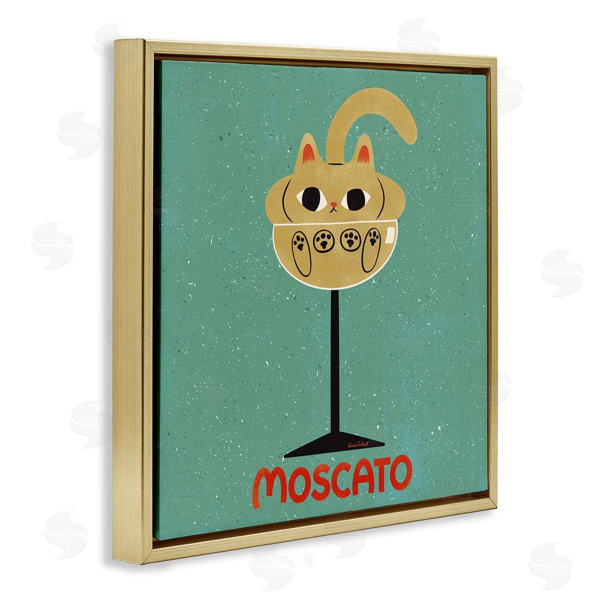 Moscato Feline Wine Gold Floating Frame Canvas Wall Art, Home Decor by Carrie Cantwell