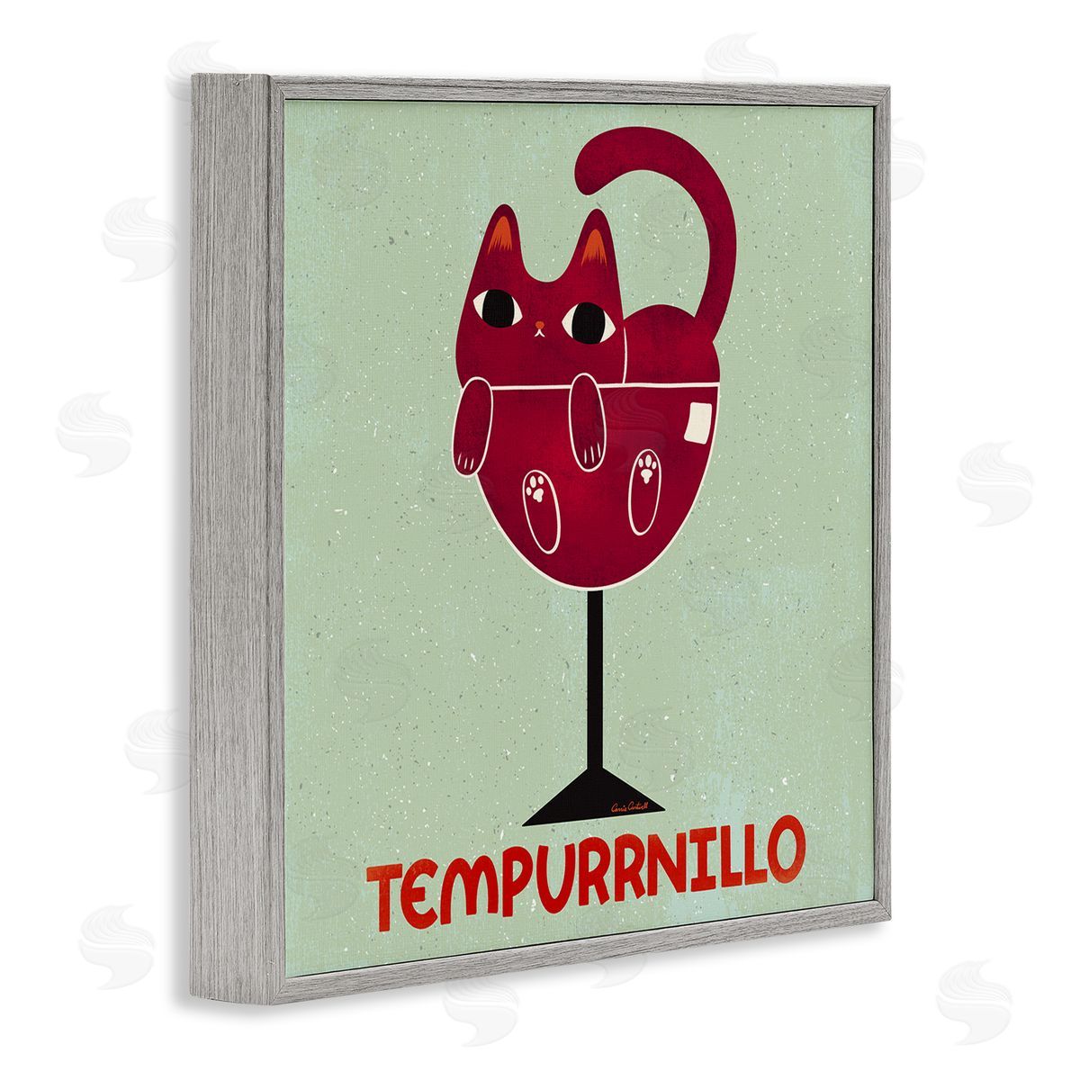 Tempurrnillo Cat Wine Grey Frame Print Wall Art, Home Decor by Carrie Cantwell