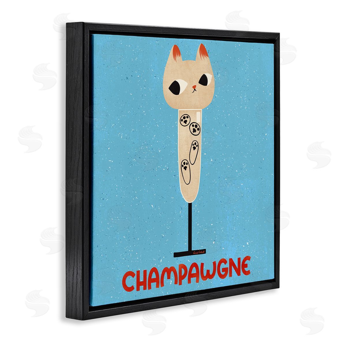 Champawgne Feline Wine Black Floating Frame Canvas Wall Art, Home Decor by Carrie Cantwell