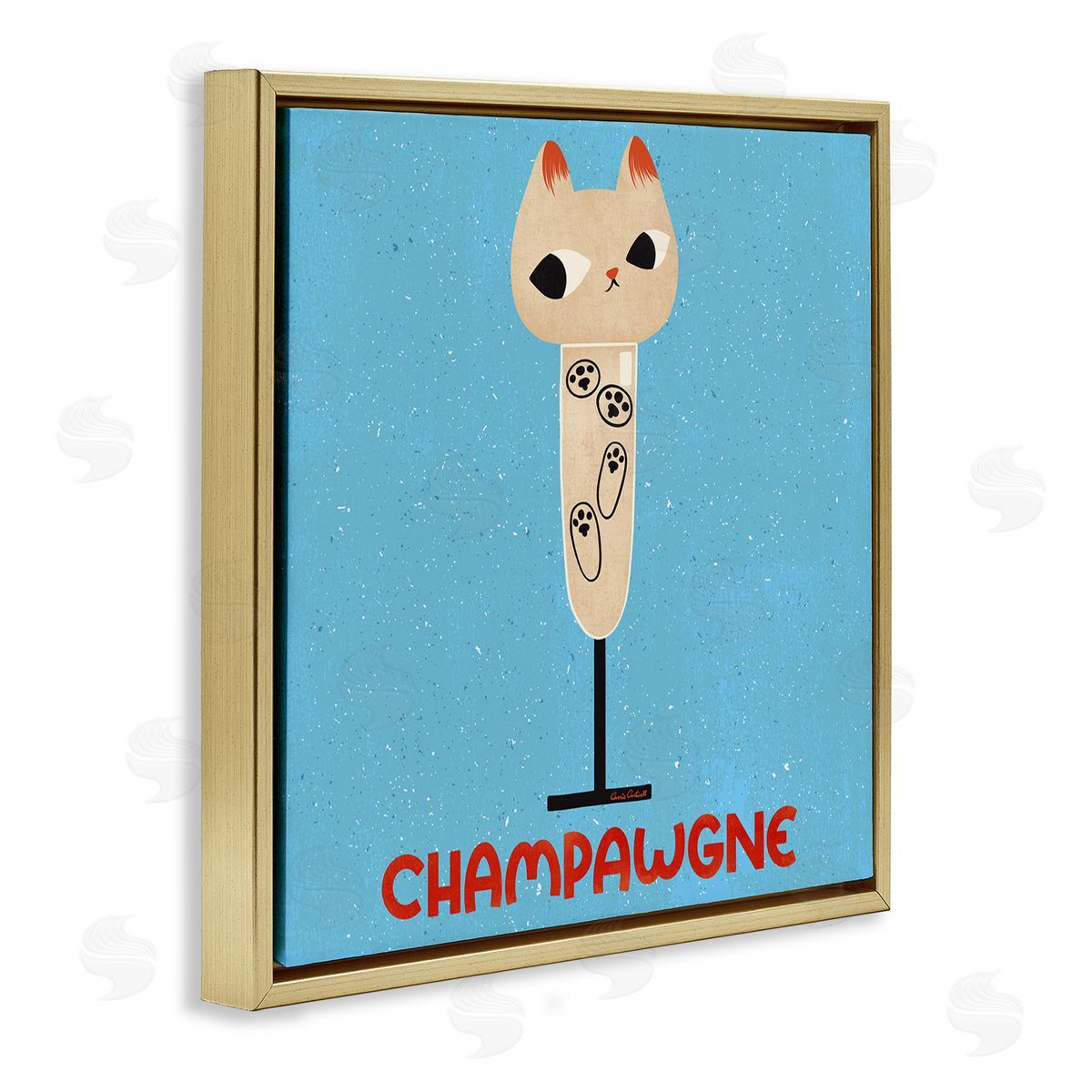 Champawgne Feline Wine Gold Floating Frame Canvas Wall Art, Home Decor by Carrie Cantwell