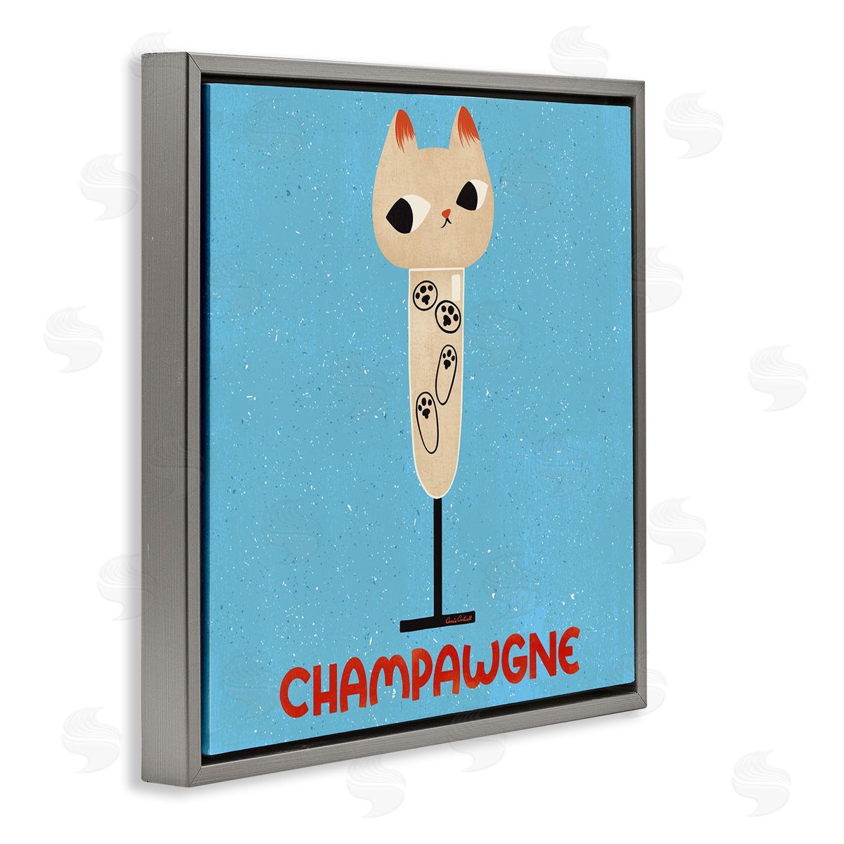 Champawgne Feline Wine Grey Floating Frame Canvas Wall Art, Home Decor by Carrie Cantwell