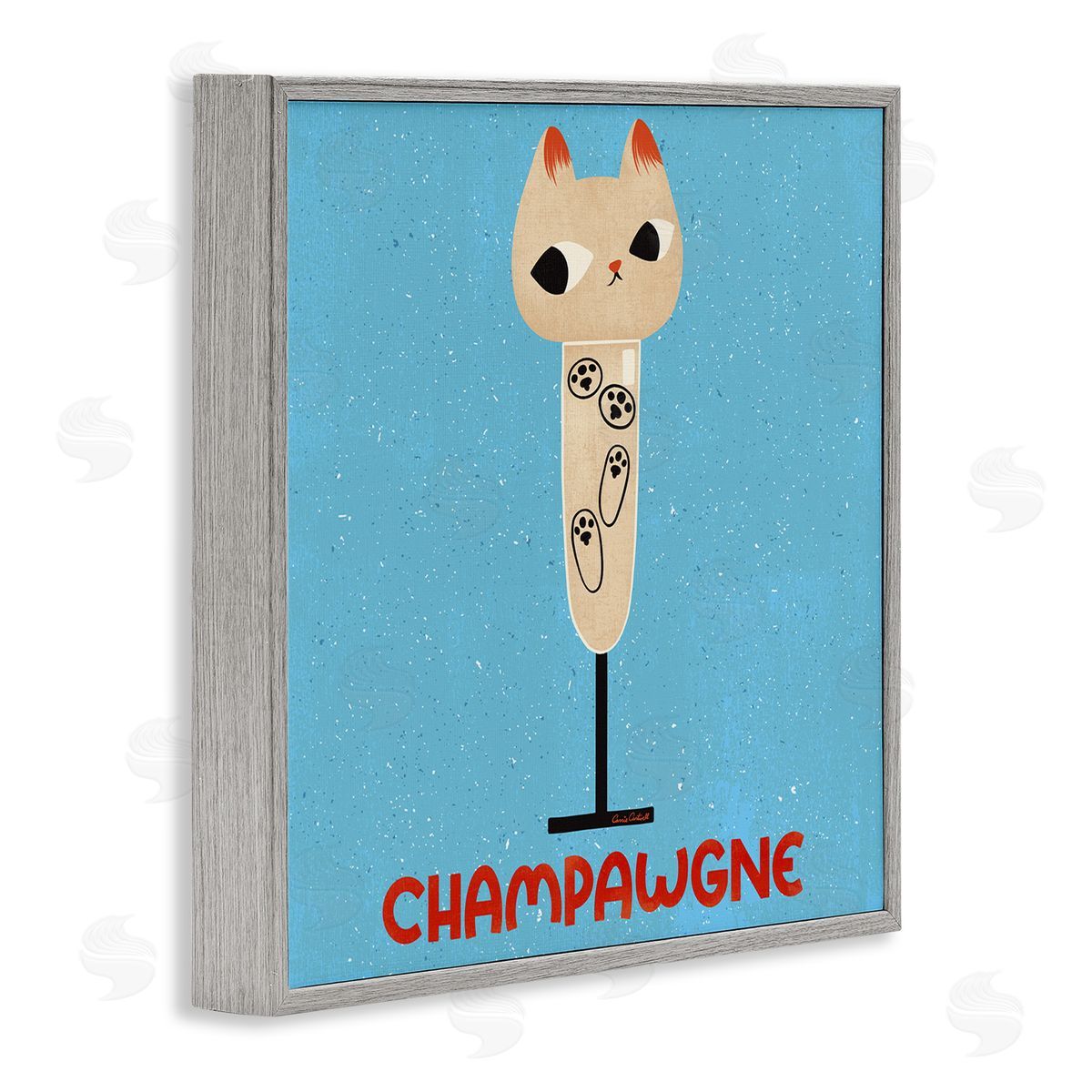 Champawgne Feline Wine Grey Frame Print Wall Art, Home Decor by Carrie Cantwell