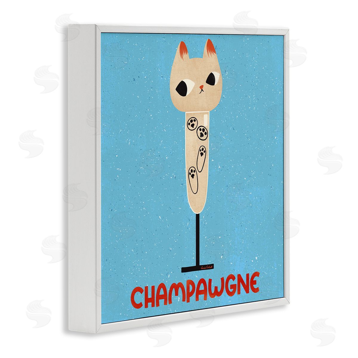Champawgne Feline Wine White Frame Print Wall Art, Home Decor by Carrie Cantwell