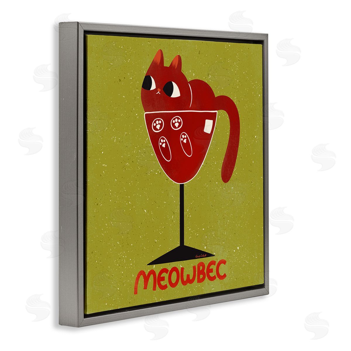 Meowbec Cat Wine Grey Floating Frame Canvas Wall Art, Home Decor by Carrie Cantwell