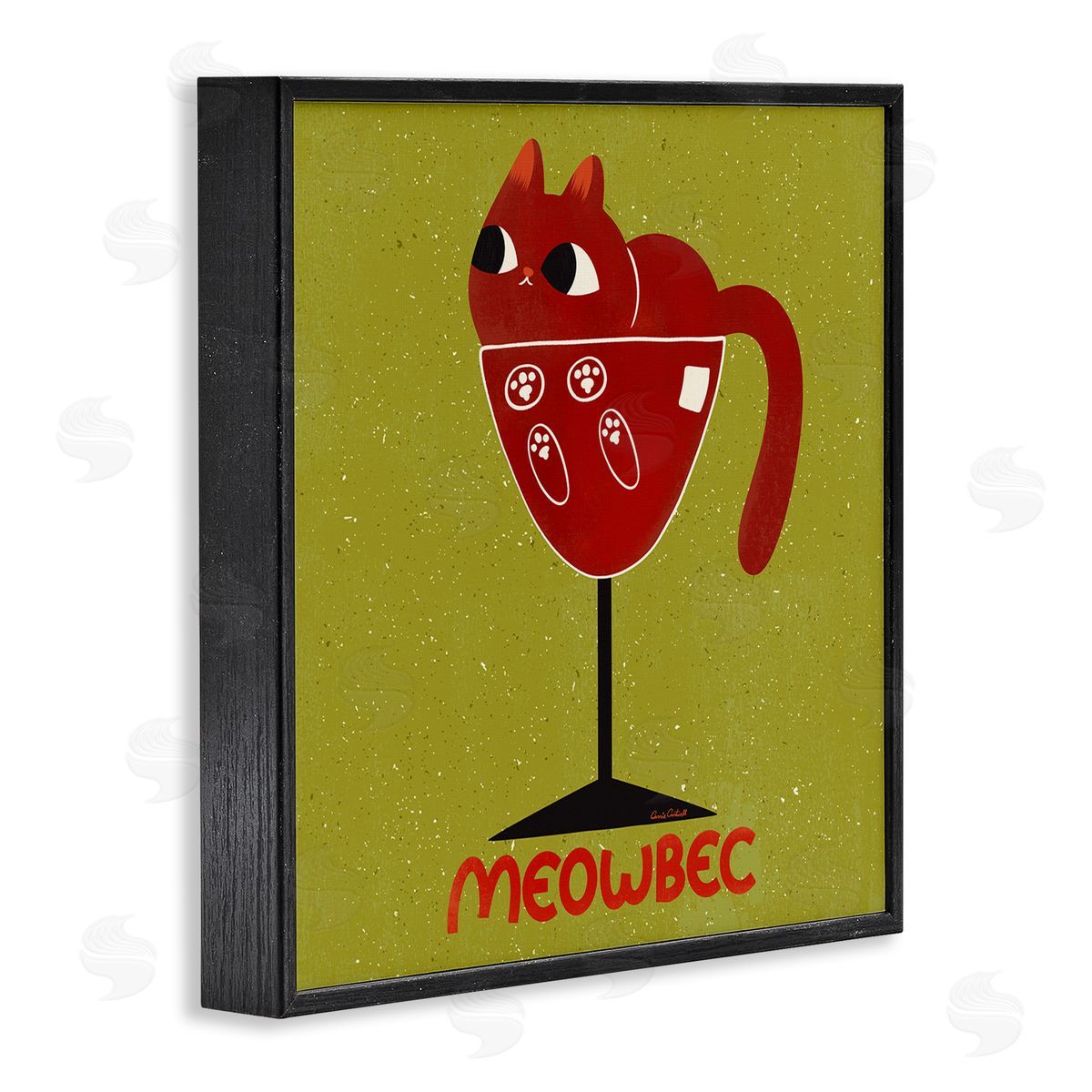Meowbec Cat Wine Black Frame Print Wall Art, Home Decor by Carrie Cantwell