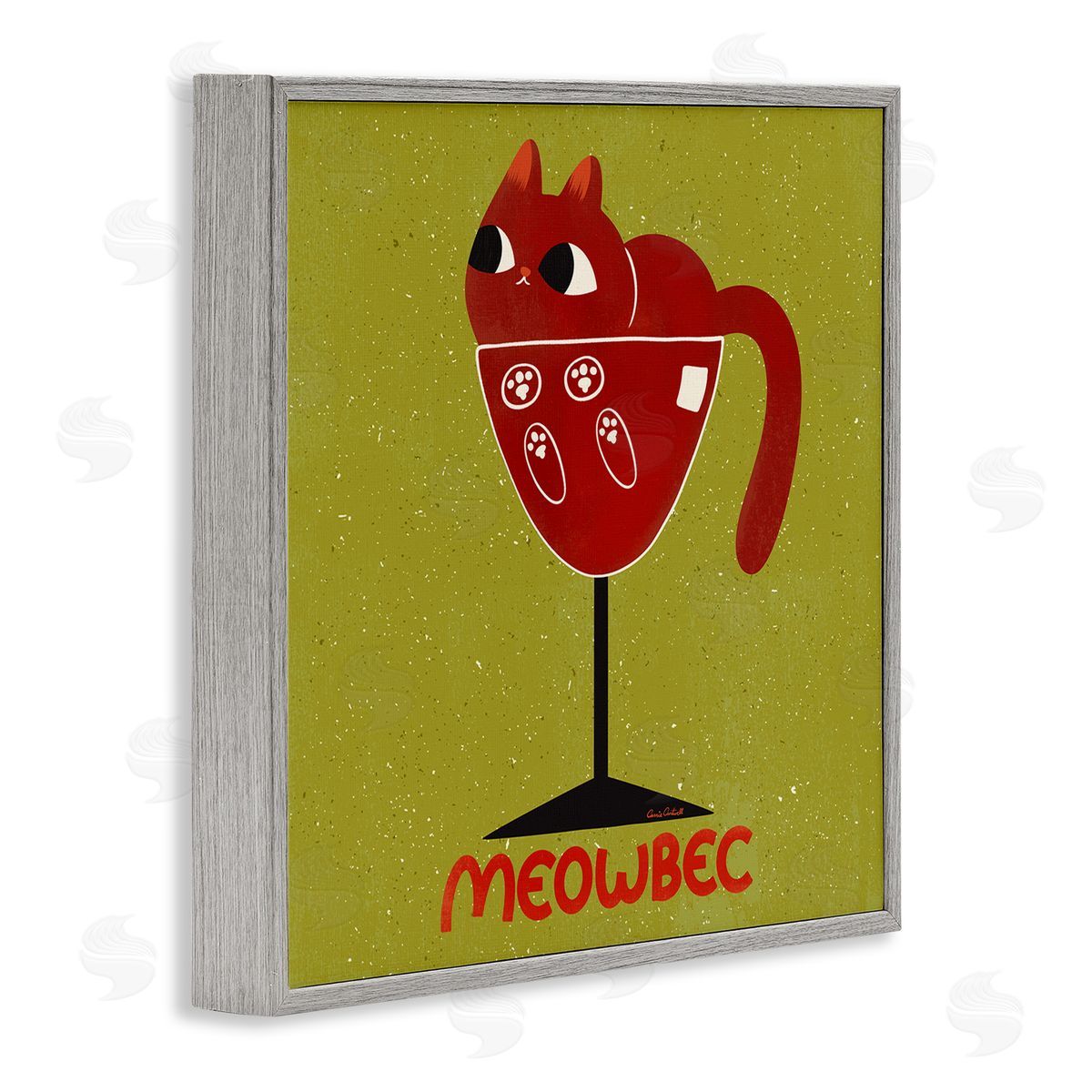 Meowbec Cat Wine Grey Frame Print Wall Art, Home Decor by Carrie Cantwell