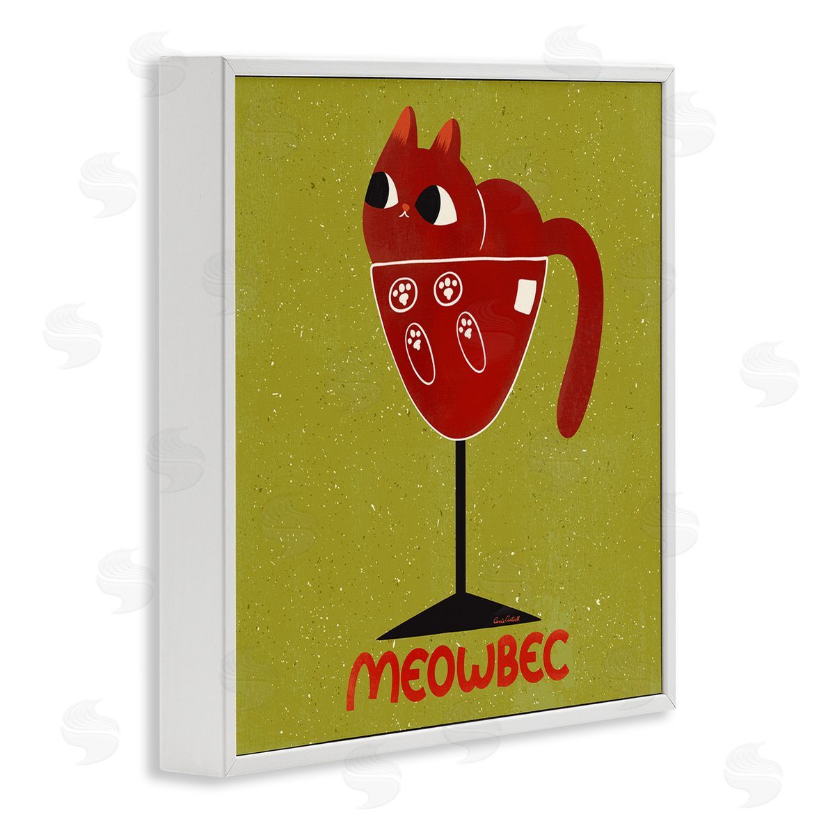 Meowbec Cat Wine White Frame Print Wall Art, Home Decor by Carrie Cantwell