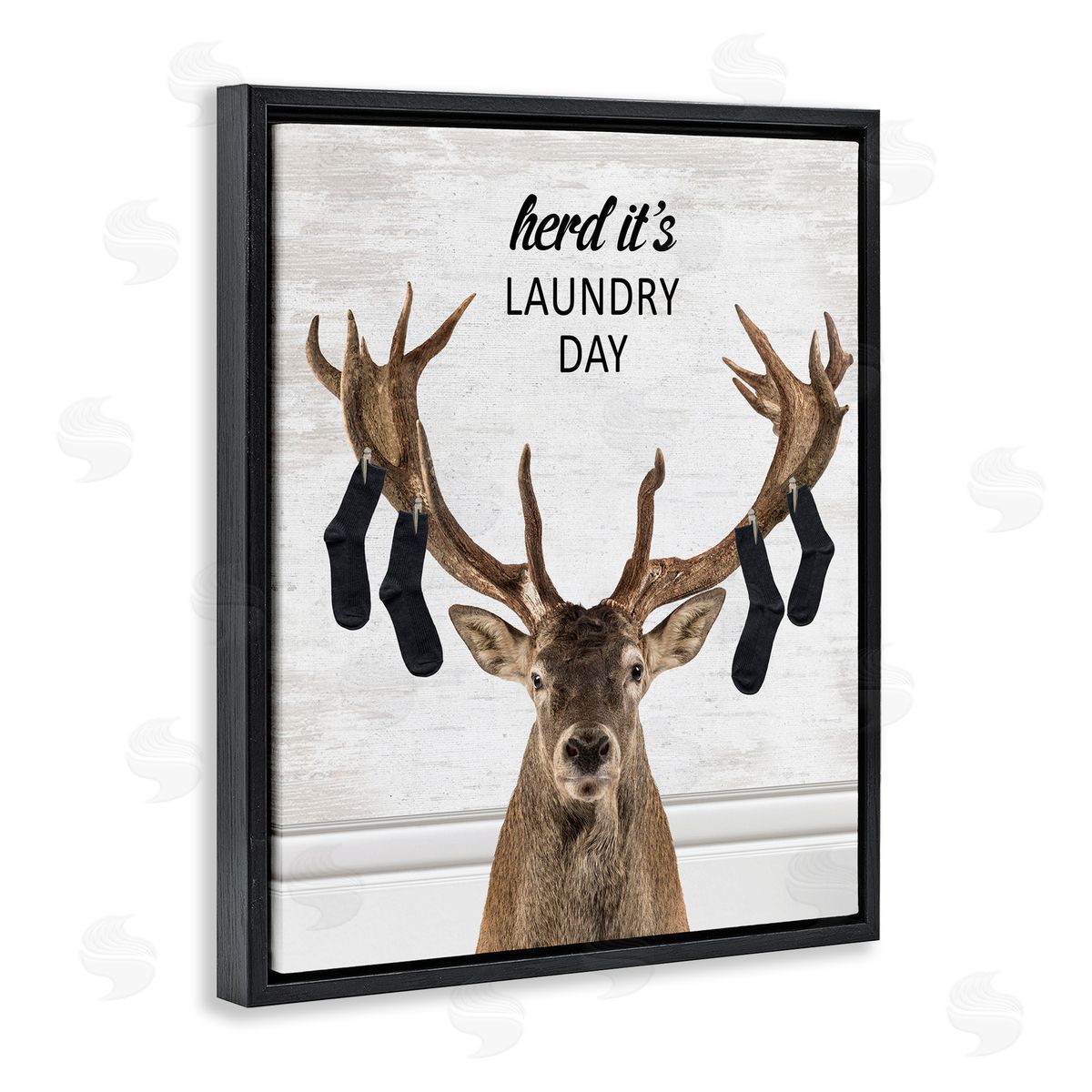 Laundry Elk with Hanging Socks Black Floating Frame Canvas Wall Art, Home Decor by Lettered and Lined