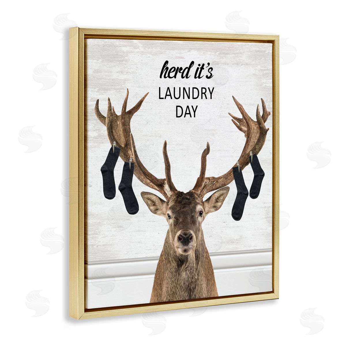Laundry Elk with Hanging Socks Gold Floating Frame Canvas Wall Art, Home Decor by Lettered and Lined