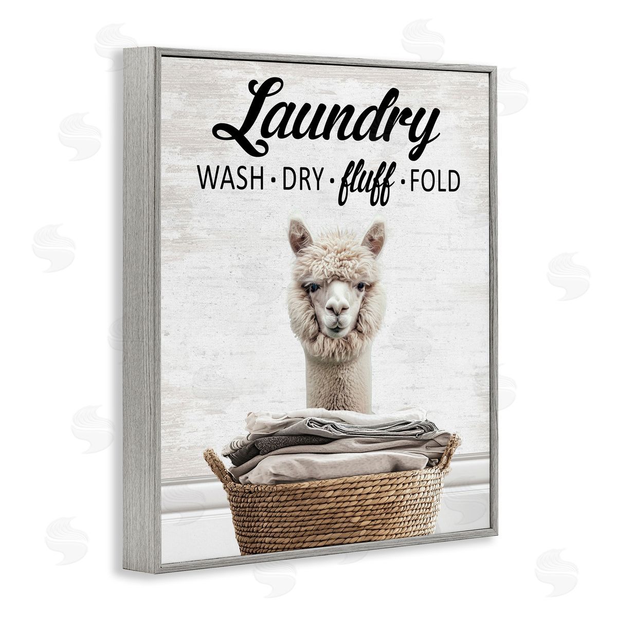 Wash Dry Fluff Laundry Alpaca Grey Frame Print Wall Art, Home Decor by Lettered and Lined
