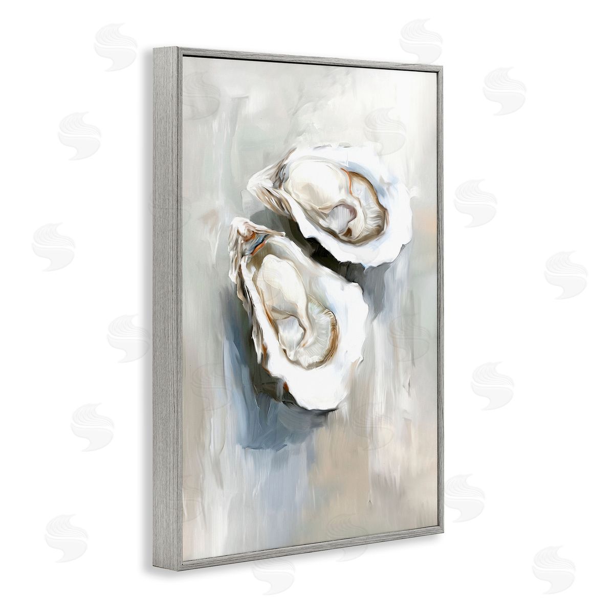 Two Oysters Seashell Mirage Grey Frame Print Wall Art, Home Decor by Ramona Murdock